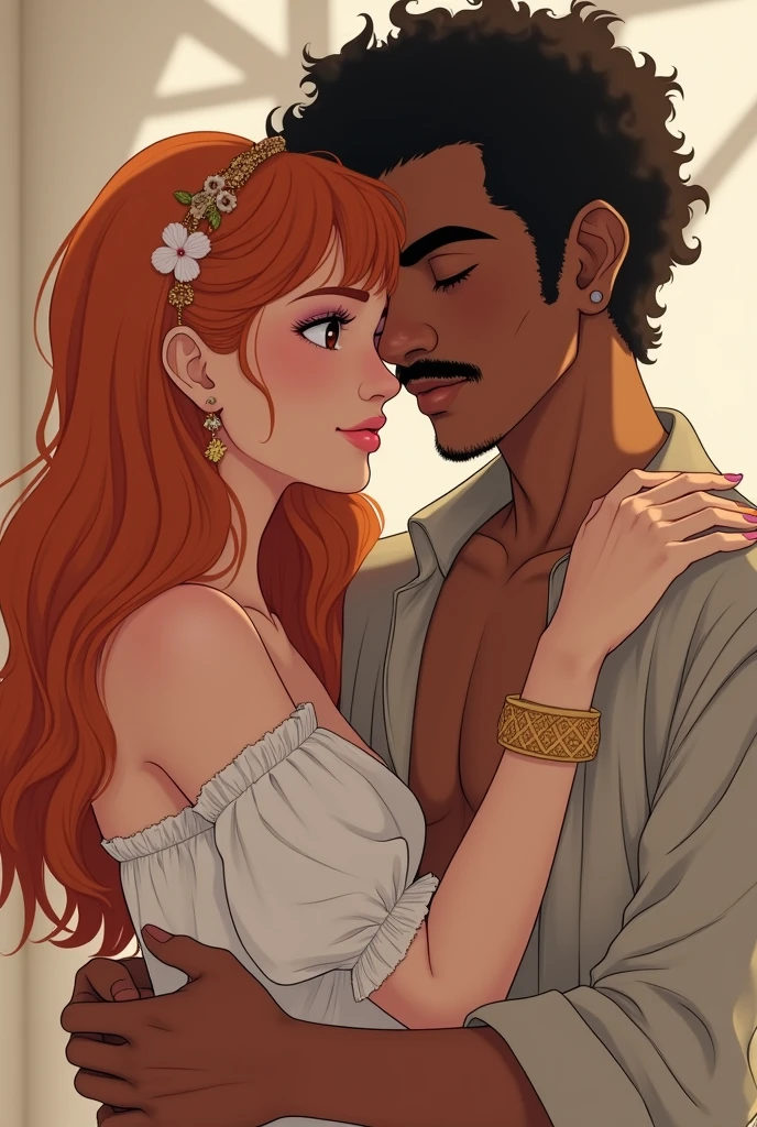White girl, long and wavy hair, ginger/orange hair, doe brown eyes, pink makeup, cute outfit
An Moroccan man, curly black hair, big nose, with a mustach, no earring, sexy face, sleepy eyes type
They are hugging each other
Anime style