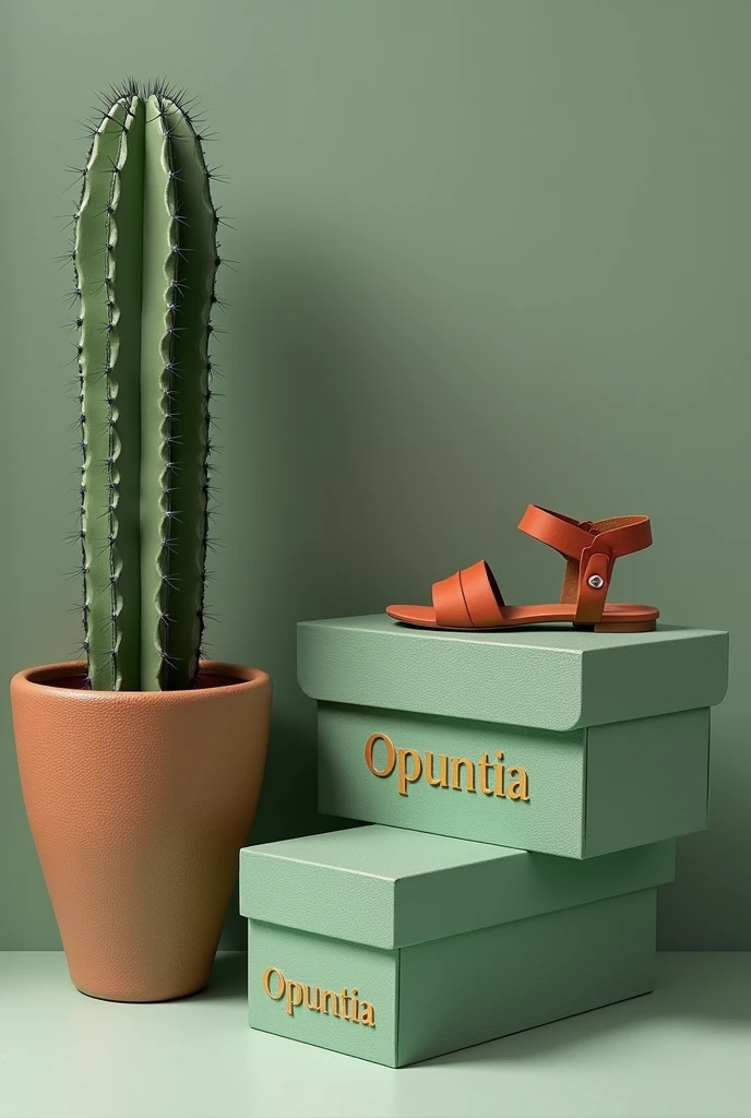 Make a shoebox from a store called OPUNTIA, is a product being sold, It needs to be beautiful and convince the customer to buy. The box must have the name, logo and characteristics of the cactus in high relief and in a subtle way., elegant and chick, These shoes are made of vegetable leather, and the company is ecological, the box must also sell this idea. Use moss green tones, terracotta, mint green and earthy tones. For a touch of elegance, add or golden, or silver or black for the words and designs.