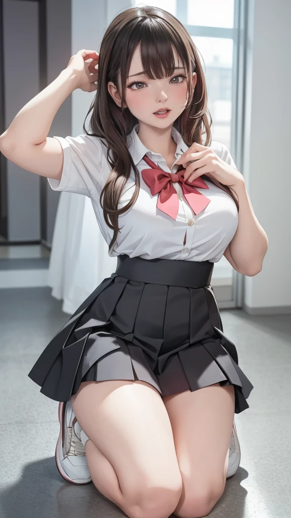 1girl, bare legs, black hair, blush, bow, bowtie, closed mouth, collared shirt, dress shirt, flashing, white shirt, hair between eyes, indoors, knee up, lips, long hair, looking at viewer, miniskirt, pleated skirt, red ribbon, reflection, school uniform, shiny skin, shirt, short sleeves, sitting, skirt, large breasts, smile, sneakers, solo, yellow eyes, masterpiece, best quality, highres, official art, extremely detailed cg unity 8k wallpaper