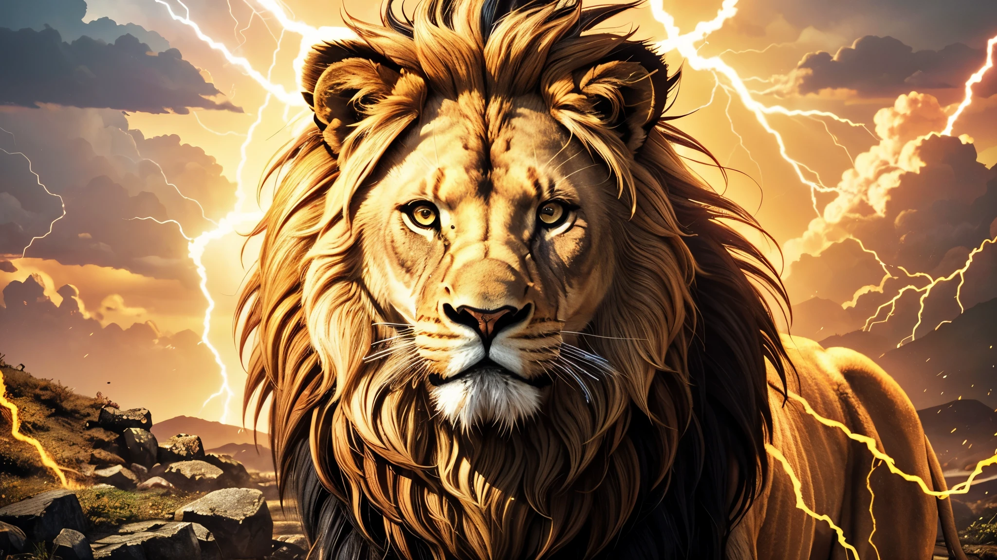 Lion, lions, Divine lion, naturals, thunder, Realistic lion, rey, realistic detailed, sunset light, sky, sol da noite, realistic detailed 16K, Eletricidade Detalhada 8k, Texturas realistas de 8k, Cores photorrealistic 8k, fire azul, realistic detailed Fire Bolt, sky Light Detailed, Power of thunder, Divine Realistic, golden crown, golden crown, golden crown, naturey, Linda, Rendering, photorrealistic, UltraHigh definition, 4K, detailed textures, thunder, detailed shadows, detailed colors, neon blue, blue light, lightning strikes, blue power, naturey Linda, Great Divine, peaceful face, naturalss, lightning strike, Electric power screw, detailed contrast, realistic contrast, high resolution, detailed colors, fire, villany, divine creature, 8k FullHD, realistic detailed, 16K, 8k, High definition, detailed contrast, realistic contrast, high resolution, detailed colors, fire, villany, divine creature, 8k Realistic lion Face, Beauty Lion, Beauty Nature, realistic detailed, chic, elegance