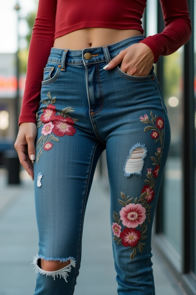 Women&#39;s jeans with flowers and commando 