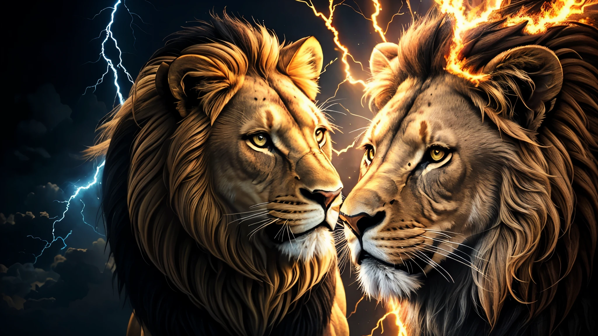 Lion, lions, Divine lion, naturals, thunder, Realistic lion, rey, realistic detailed, sunset light, sky, sol da noite, realistic detailed 16K, Eletricidade Detalhada 8k, Texturas realistas de 8k, Cores photorrealistic 8k, fire azul, realistic detailed Fire Bolt, sky Light Detailed, Power of thunder, Divine Realistic, golden crown, golden crown, golden crown, naturey, Linda, Rendering, photorrealistic, UltraHigh definition, 4K, detailed textures, thunder, detailed shadows, detailed colors, neon blue, blue light, lightning strikes, blue power, naturey Linda, Great Divine, peaceful face, naturalss, lightning strike, Electric power screw, detailed contrast, realistic contrast, high resolution, detailed colors, fire, villany, divine creature, 8k FullHD, realistic detailed, 16K, 8k, High definition, detailed contrast, realistic contrast, high resolution, detailed colors, fire, villany, divine creature, 8k Realistic lion Face, Beauty Lion, Beauty Nature, realistic detailed, chic, elegance