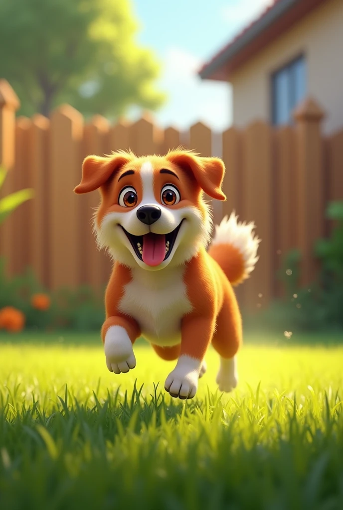 Max dog running excitedly in his yard, his tail wagging furiously.