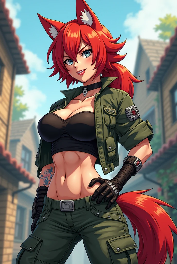 A tall, big, attractive strong woman. She has wolf ears and tail. Red Hair. Her look is arrogant smiling. She uses punk clothing and have a six pack. Her have cargo pants. Konosuba style