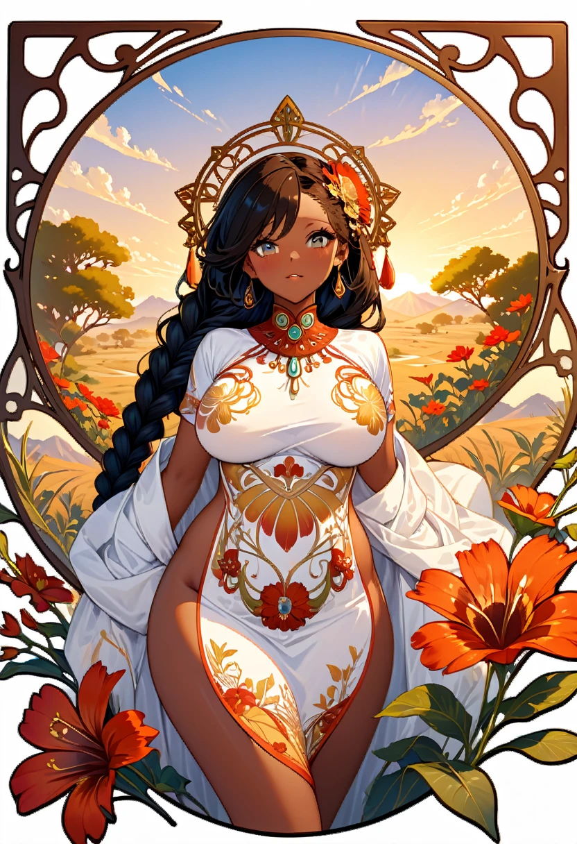 (((a freeform shaped sticker))), (((white background))),(((art nouveau ornamental frame illustrated MUST MANDATORY))), intricately detailed t-shirt design ready for print , 2d, illustration of African Savannah at sunset in the background. ONE HEAD (((nude big tits visible))) voluptuous lavish melanin Queen of Sheba with black long braided hair in the foreground has flowers in her hair , (((lewd, large sagging tits))), puffy nipples, thick thighs, torso up, dark skin, intricate rich extremely complex ornaments illustration, high detail, clean lines style, intricate high details,(((white background)))