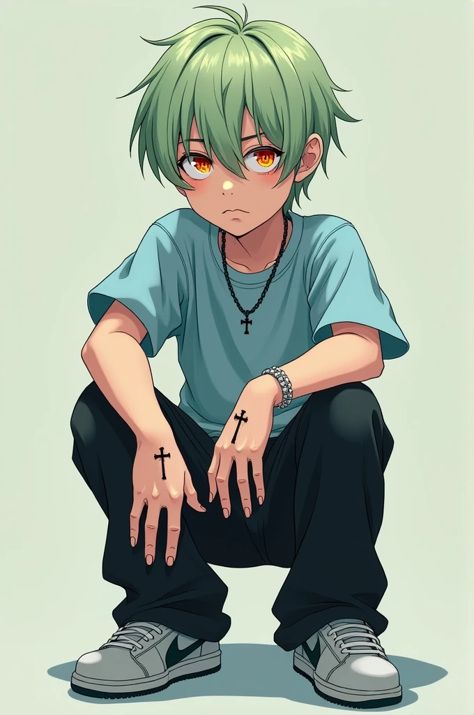 A boy with light green hair that goes down to the back of his neck, a little messy, with red orange eyes with yellow pupils, wearing a light blue shirt, black pants with a wide hem, Nike sneakers and gloves, showing the finger with serious Cross Necklaces.