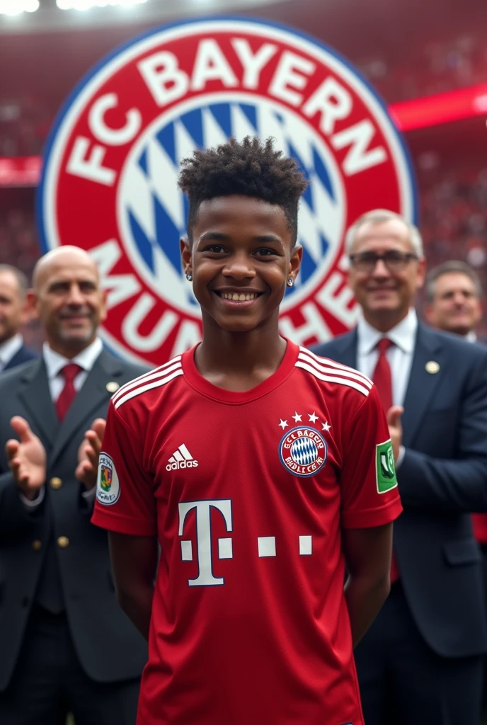A boy named Isaiah being signed by FC Bayern Munich at his presentation