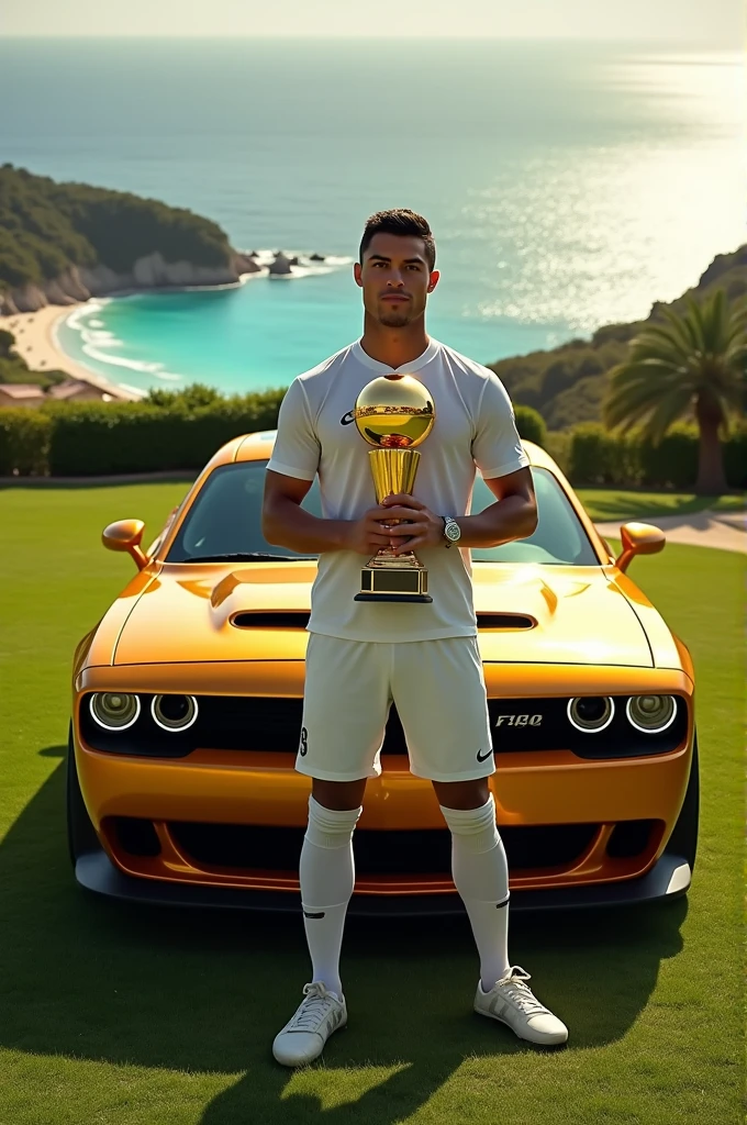 Cristiano ronaldo holding ballon dor standing next to a golden dodge challenger in a field of a luxury villa next to a beach