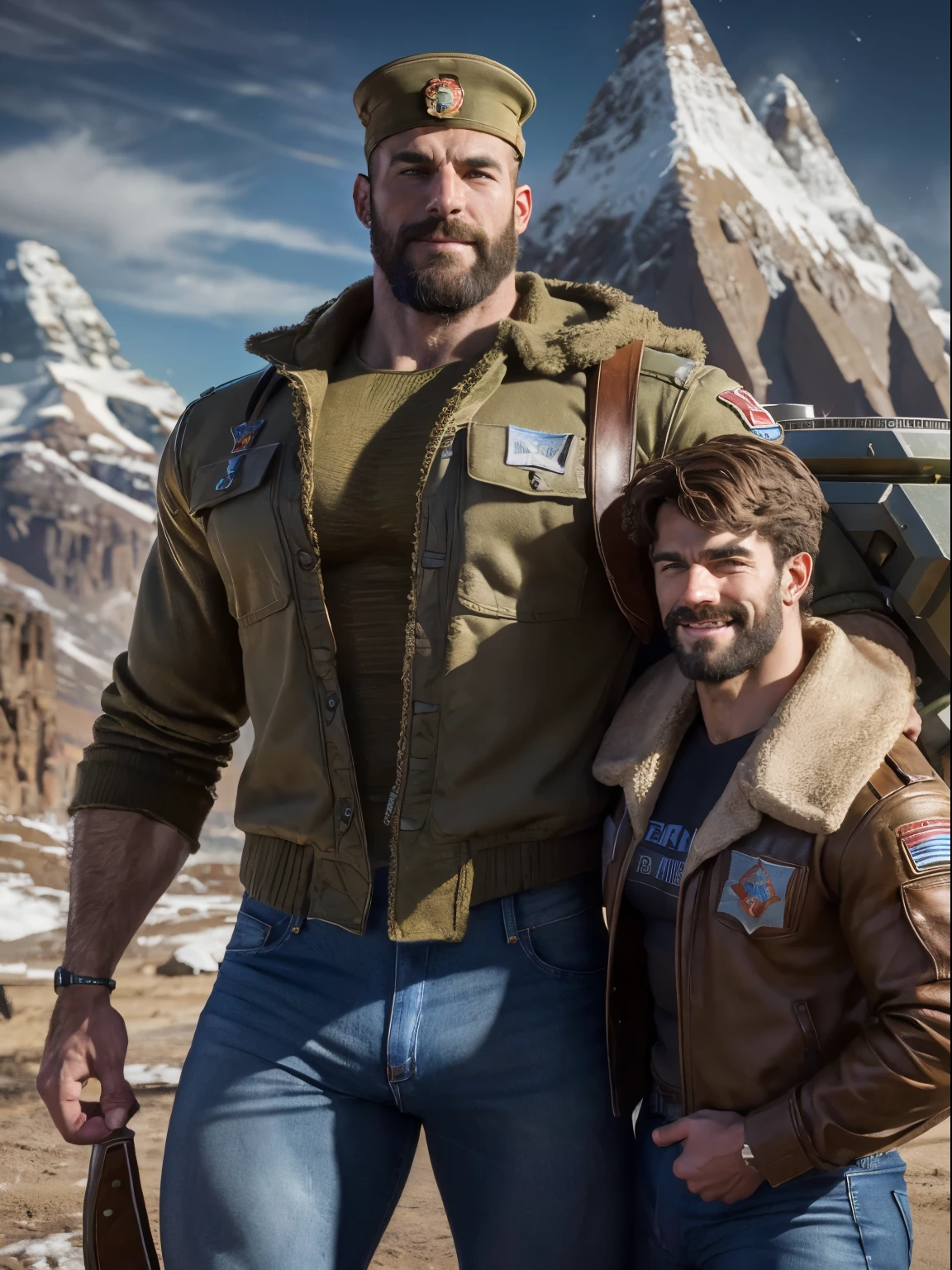 A two muscular Soviet Union soldiers on vacation, hairy body, alpha male, huge biceps, ripped abs, shaggy hair, jeans, mountain spaceport with starships, cuddle together, smile, 4k, high detailed, beautiful, dark age, art by Stanley artgerm, by Daniel f gerhartz, by pino daeni, highly detailed, sharp focus.