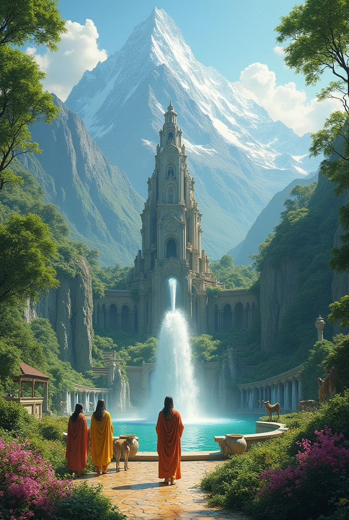 Garden of Eden in the mountains with animals and people in robes with a huge fountain in the middle of the place