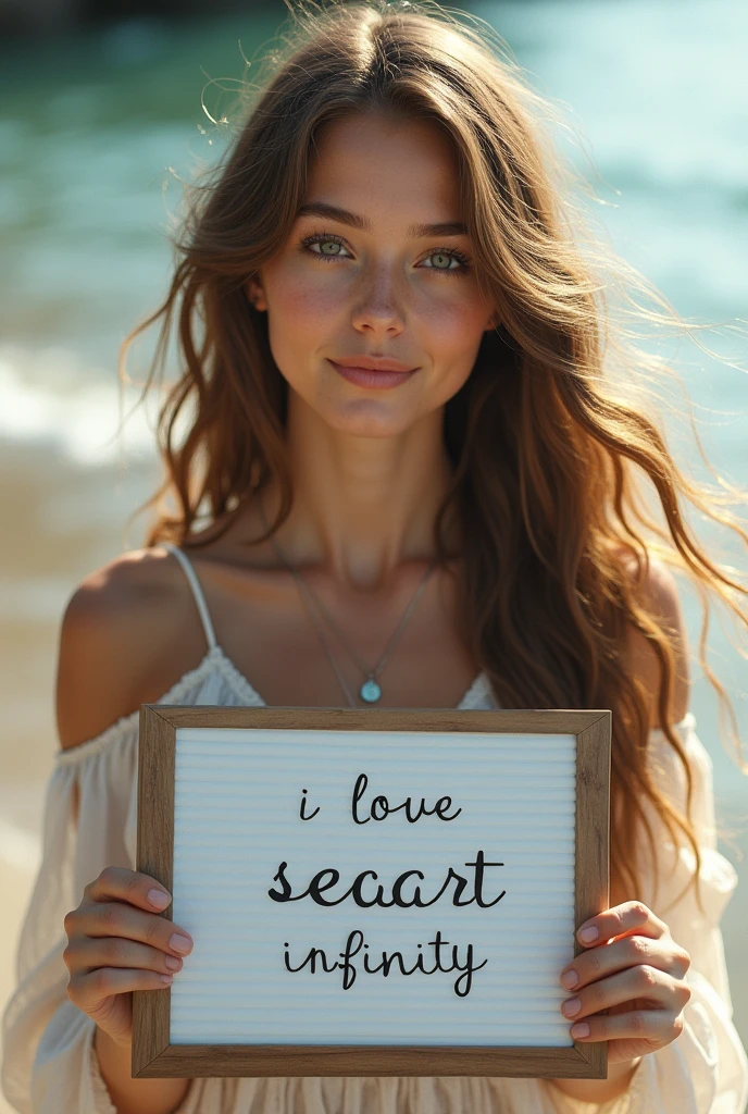 Beautiful girl with wavy long hair, bohemian dress, holding a white board with text "I Love Seaart Infinity" and showing it to the viewer