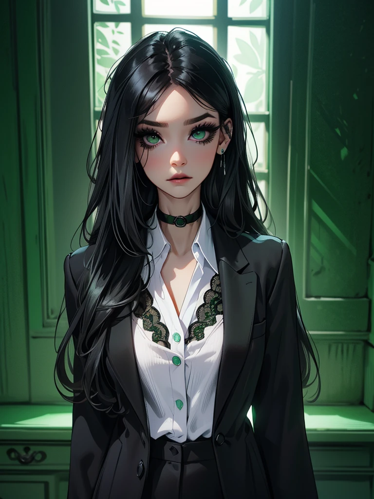 emo_hairstyle, ((tight black suit)), (black lace blazer), black tie, ((long hair)), ((straight hair)), (((black hair))), side swept bangs, white skin, pale, white, (green eye), tired expression, choker, ((dark makeup, mascara, eyeshadow)), multiple piercings, best quality, 8k, dark laboratory, dim lighting, white shirt, erotic, slytherin
