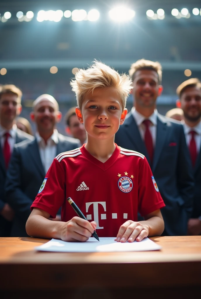 A boy named Isaiah being signed by FC Bayern Munich at his presentation (the boy is blond)