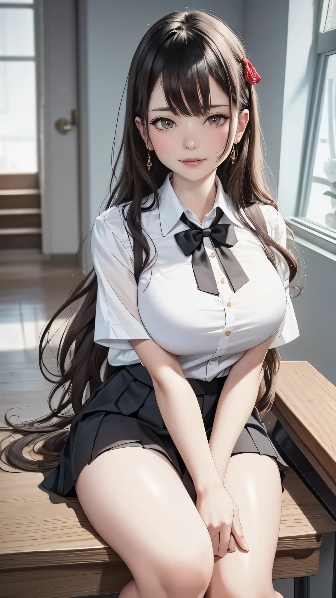 1girl, bare legs, black hair, blush, bow, bowtie, closed mouth, collared shirt, dress shirt, flashing, white shirt, hair between eyes, indoors, knee up, lips, long hair, looking at viewer, miniskirt, pleated skirt, red ribbon, reflection, school uniform, shiny skin, shirt, short sleeves, sitting, skirt, large breasts, smile, sneakers, solo, yellow eyes, masterpiece, best quality, highres, official art, extremely detailed cg unity 8k wallpaper