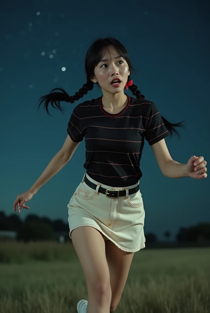 1 thai-japanese beautiful girl, 22s, black tight t-shirt with black and small white horizontal stripes:1.4, cream jean mini skirt with side pocket:1.4, black military belt with silver plate mordern belt buckle, black neckline and sleeve hem with red at the middle, motion blur, depth of field, best solution, best quality, high detailed, 32k, full body shot, black 2 braids with red bow made from narrow ribbon, low angle shot:1.4, white sneakers, slim and perfect figure, perfect body proportions, emphasize breast and thigh, medium breast, starry sky:1.4, walk home, nobody, danger, scary, running away very fast:1.4, frightening face, look back, very dark:1.4, open sky, field, dynamic compositions, dynamic pose, emphasize sky, motion blur, at night:1.4