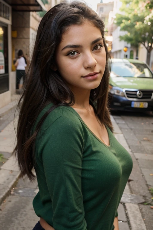 Uma mulher branca dos cabelos pretos bem escuros de 25 anos, (seios medianos), (hiperrealismo), cabelo preto brilhoso, cabelo preto muito preto e liso, cabelo extra longo, olhos muito verde, cabelo muito comprido, cabelo muito comprido (ultra preto), lindo, vista frontal, selfie, olhos verdes, fotorrealista, analog, mulher bonita, Attractive, symmetrical, highly detailed face, angular symmetrical face, perfeito pele, olhos verdes sonhadores, cabelo longo, foco suave, film grain, cores vivas, foto tirada com iPhone, camisa preta elegante, alta qualidade, selfie iPhone, Latina, without perfection, com shorts com costuras pretas, blusa branca solta, with spaghetti straps, pequenos detalhes florados, dia ensolarado, com arvores verdes e sombra, imagem com alta qualidade, foto bonita, beautiful legs and hands, ultra qualidade de imagem
