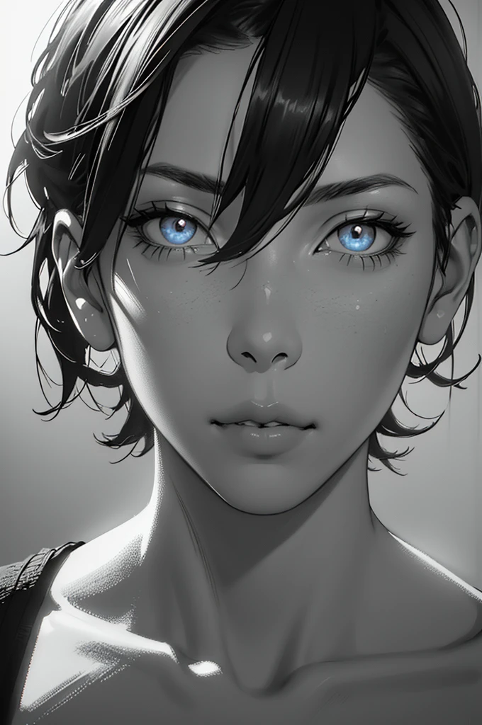 a girl with short black hair drawing on her board with a brush, monochrome, hyper-realistic, detailed, high quality, cinematic lighting, dramatic shadows, beautiful detailed eyes, beautiful detailed lips, extremely detailed face, intricate details, photorealistic, 8K resolution , masterpiece, conceptual art , digital painting, soft colors, warm tones, natural lighting, short, monochrome