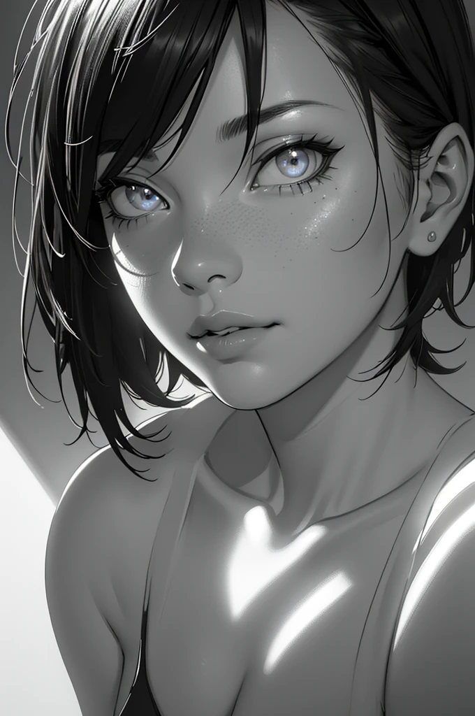 a girl with short black hair drawing on her board with a brush, monochrome, hyper-realistic, detailed, high quality, cinematic lighting, dramatic shadows, beautiful detailed eyes, beautiful detailed lips, extremely detailed face, intricate details, photorealistic, 8K resolution , masterpiece, conceptual art , digital painting, soft colors, warm tones, natural lighting, short, monochrome