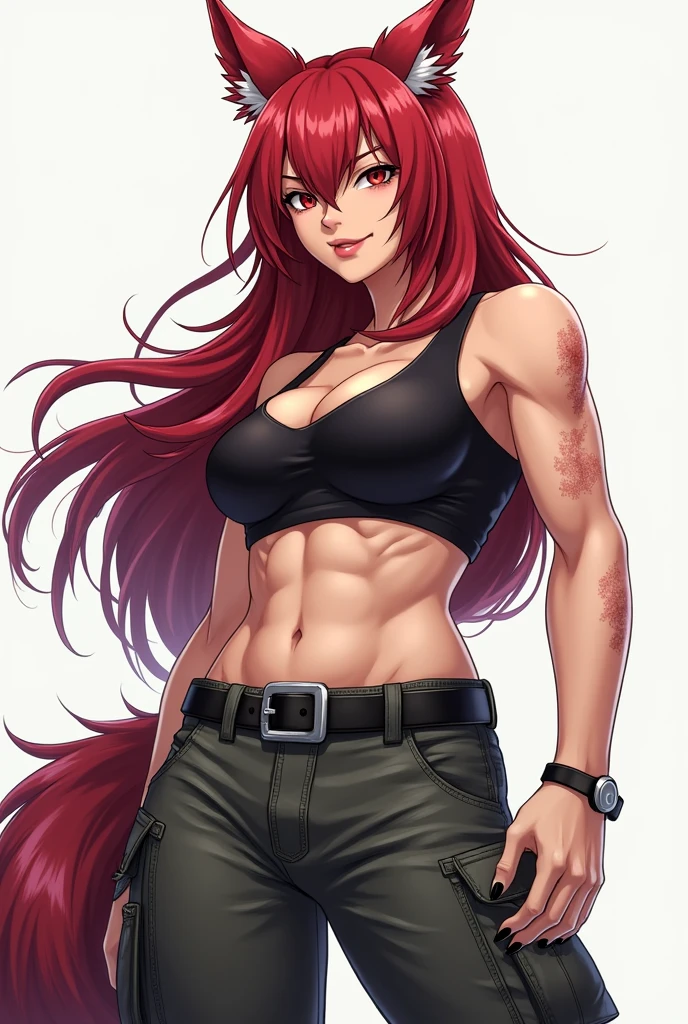 A tall, big, attractive strong woman. She has wolf ears and tail. Red Hair. Her look is arrogant smiling. She uses punk clothing and have a six pack. Her have cargo pants. Her body is robust. She is gorgeous. Anime style