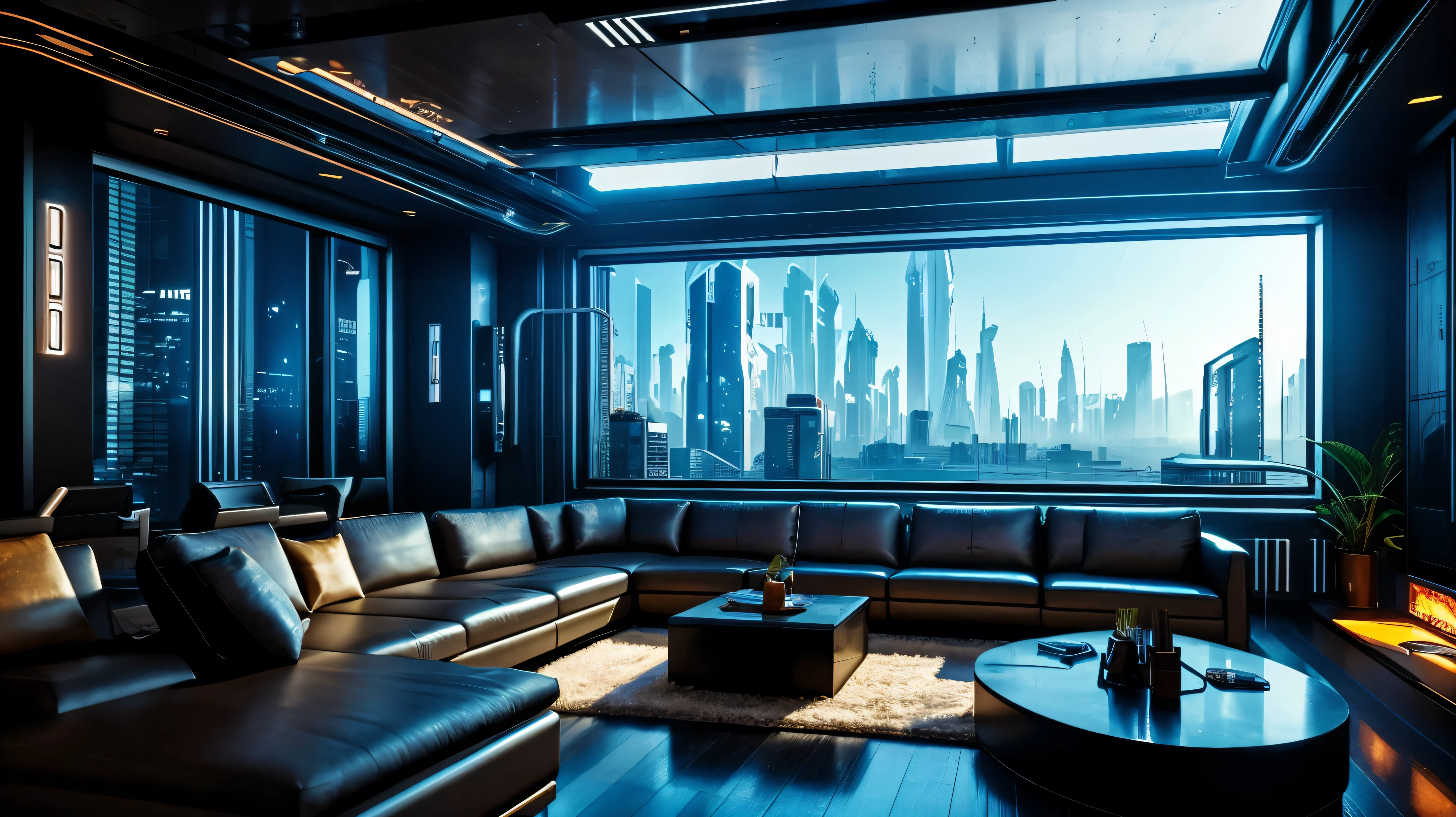 scifi, cyberpunk, futuristic, livingroom, hightech, daylight, cozy, much space, wide angle, a lot of tech, year 2088