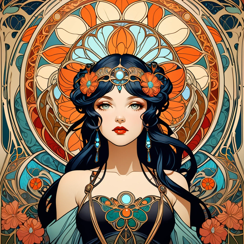 raw 3D graphic depicts a stylized woman with flowing black hair and crimson lips, framed by a complex array of designs and symbols, pin background, Martin then, Martin then,Portrait of the Work, lots of vibe, art nouveau Lilith, styled Alphonse Mucha, realistic style Shepherd Fairey, alphonse mucha and alena aenami,Artem Demura Alphonse Mucha, art nouveau! cyberpunk!styled, beautiful art nouveau,sharp focus,incredible ultra-realism,hyper maximalism,photorealistic,detailed,HDR