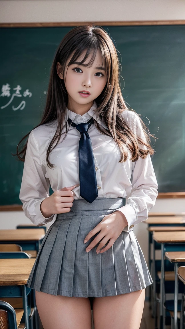 masterpiece, Highest quality, 8k, Young and beautiful, Baby Face、The clothes are big、photo shoot, Cute Face, Thighs, Bright classroom,  (((Embarrassing)))、Embarrassing、No makeup, 10 generations, Detailed face, Background Blur、Tight waist、((((School uniforms、White shirt、Checked mini skirt、Lift up your skirt、Pussyを見せる、あなたのオPussyを見せて)))), Straight hair、Light brown hair、(((Please lift up your skirt sadly)))、Bright classroom、Thighs、((Apparently it is&#39;It&#39;s him&#39;I am going to cry))、(((Lift up her skirt yourself)))、Pussy、Pussy