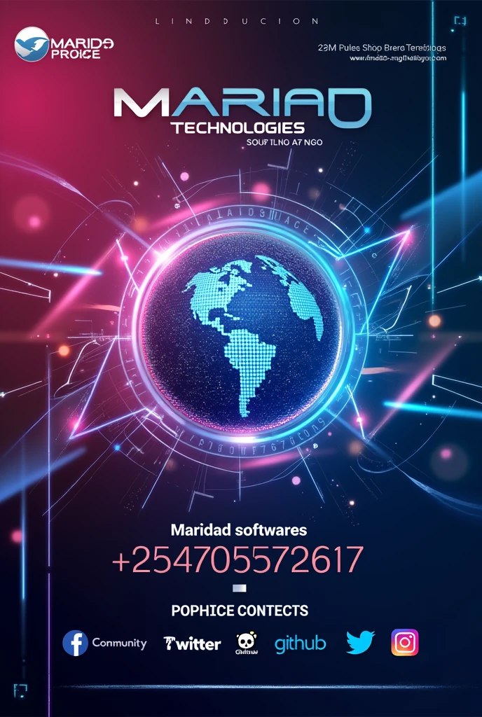 Design a poster for my business called "Maridad Software Technologies
Contacts are +254740572617.
Put Facebook ,Twitter ,Instagram and GitHub icons
Website is maridadsoftwares.godaddysites.com
Use a colourful graphic user interface in form of a background