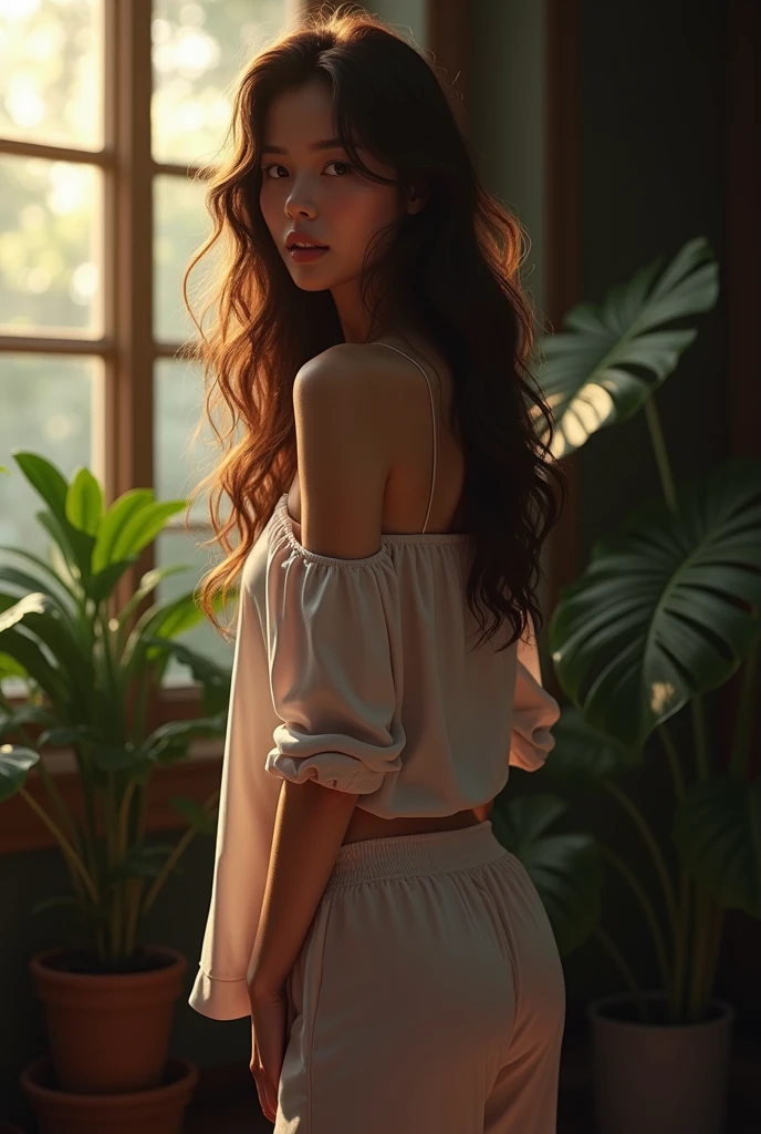 beautiful man,crossdress,skinny,tall, standing with dad, shy, wearing loose off-shoulder top, mini skirt, long curly hair, outdoors, soft lighting, plants in background, window with sunlight, relaxed pose, realistic