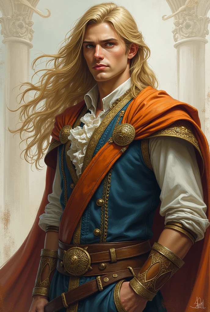 detailed  young long blonde hair noble guy with normal quality clothes fantastic drawing