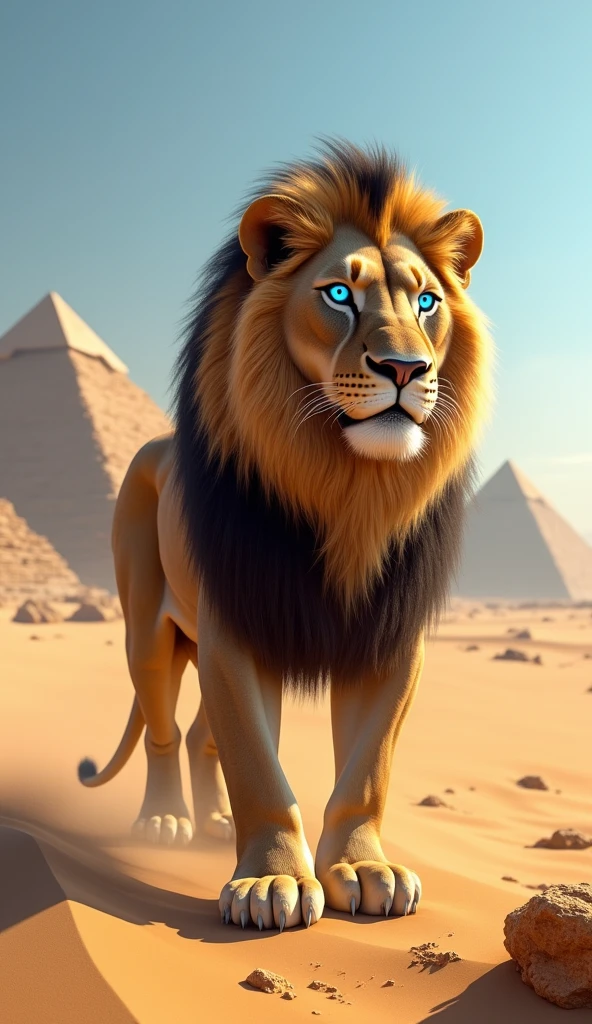Generate a very realistic 8k 6d image of a very strong beautiful robust blue eyed lion in the desert looking at the pyramids of egypt