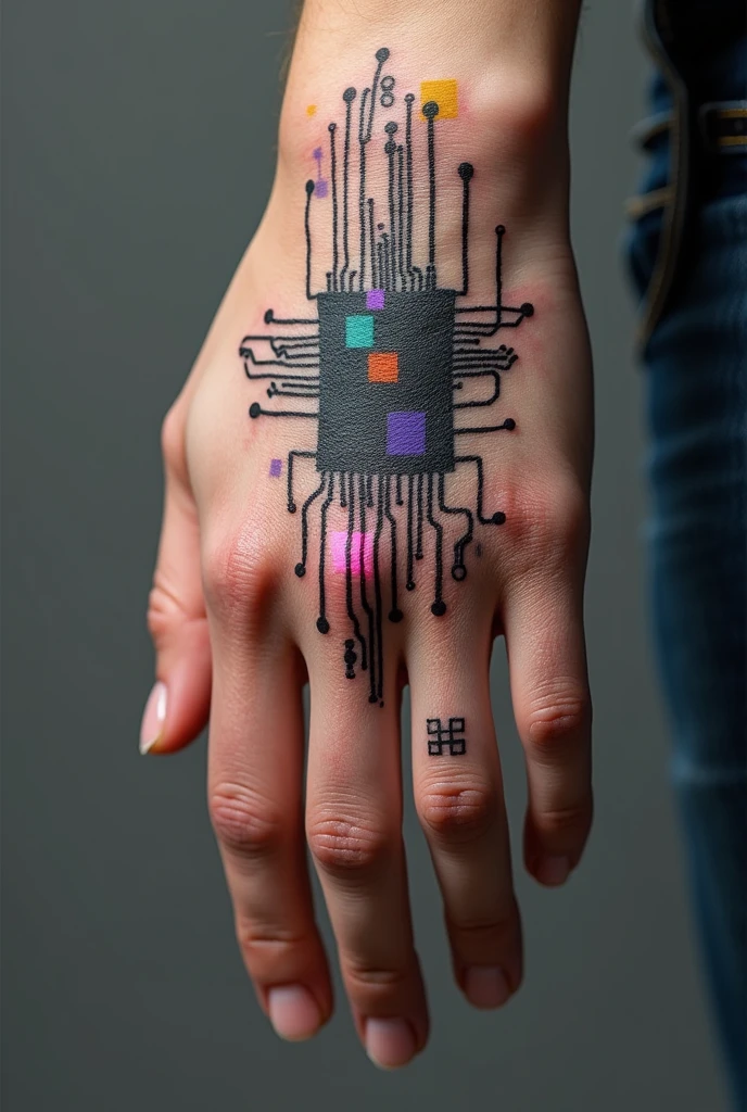 hand tattoo with computer circuit with several small colored squares