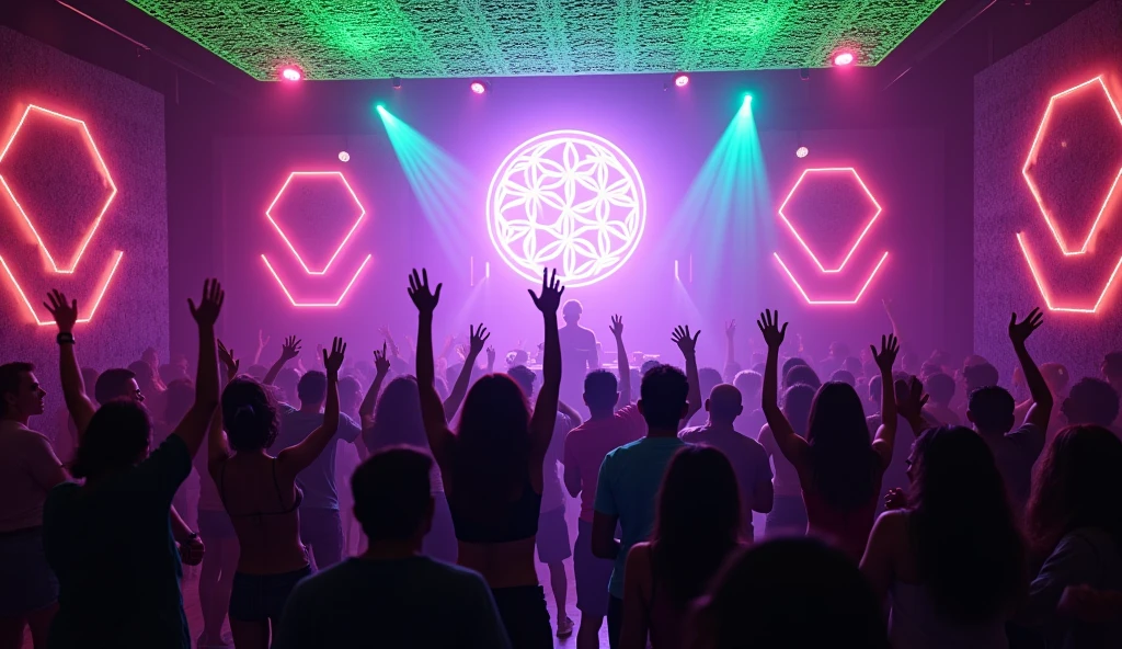 Image of a dancing audience from behind, jumping and raising his arms in front of a DJ on stage in a very very small bar with a purple light ambiance. A very large luminous flower of life in the center. Neon pink and green geometric patterns on the walls. A neon green openwork lycra fabric on the ceiling and multi-colored lasers filling the room