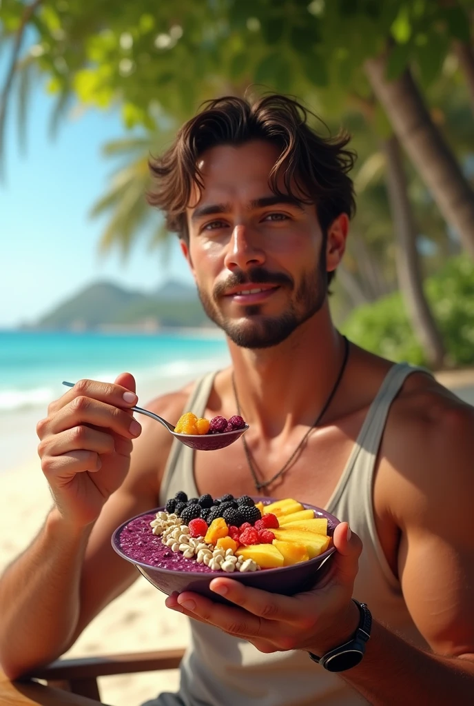Man aged 25 to 35, at beach , salmonete, brown eye eating acai in the park, ultra HD, high qualiy, best qualityer, high resolution, 8k, 16K