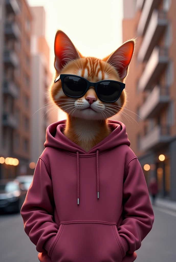 A caramel colored female cat, velues, wearing dark sunglasses and a dark pink sweatshirt