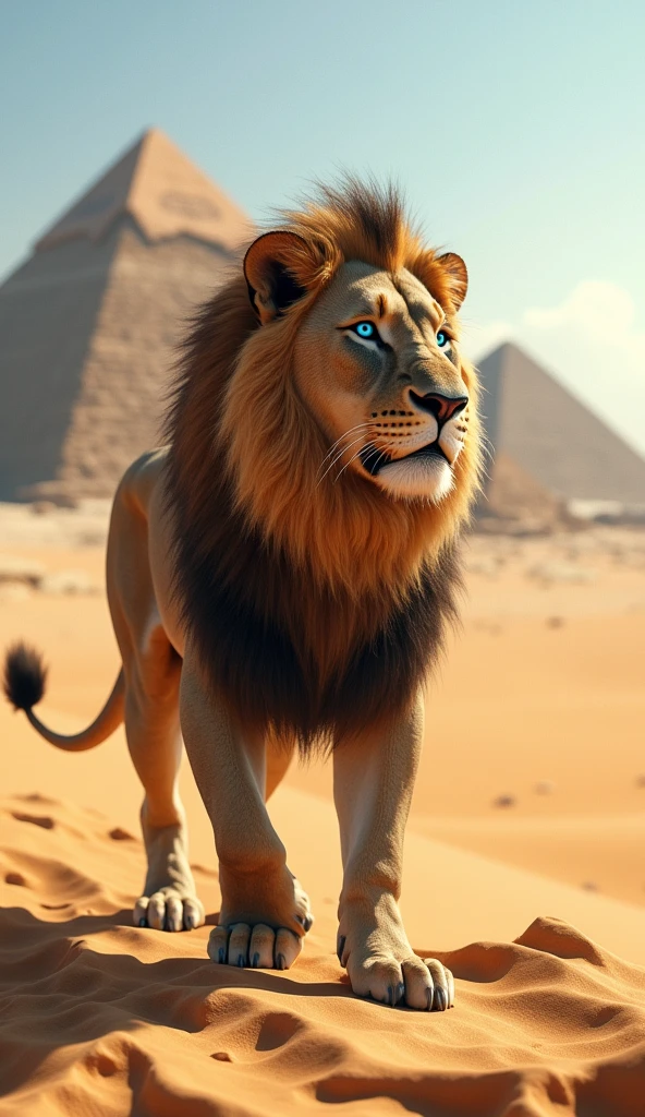 Generate a very realistic 8k 6d image of a very strong beautiful robust blue eyed lion in the desert looking at the pyramids of egypt