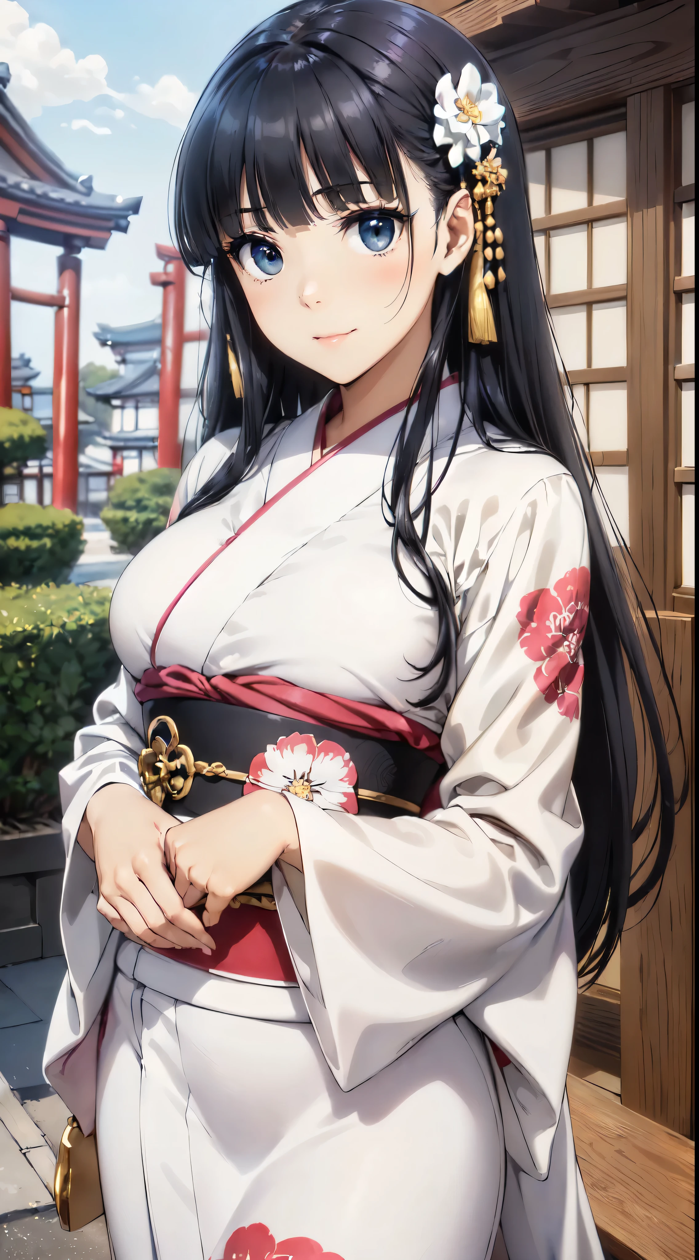 (masterpiece:1.5),(Extremely accurate details,Ultra-high resolution:1.4),Highly detailed CG Unity 8k wallpaper,(Realistic,Photorealistic,超Realisticな:1.5),(Hair is medium straight:1.4),(Anime Eyes,Shining Eyes:1.3),(curve,model,color care:1.5),Very beautiful face,Beautiful breasts,color_aberration,Beautiful detailed shadows,Beautiful Eyes,Beautiful body,Beautiful Skin,Beautiful Hands,(豪華で神秘的なcolorとりどりの花柄が描かれた白い振袖:1.5),(white and gold kimono obi:1.4),(new year shrine:1.4),Plein Air,shrine,(Attractive illustration of an 18-year-old young woman wearing neat Japanese clothes:1.4),(Japanese:1.3),(White hair ornament:1.4),(Beautiful standing posture,Stand Upright,(Black-haired,black eye,Medium Straight Hair:1.4),(Vorticella:1.4),(Narrow eyes:1.4),Detailed long hair,Exquisite detail, 彼女のcurveを強調する、Leaves very little to the imagination, cascading down her shoulders,(Smiling Kindly:1.3),(Black-haired:1.4),(Blunt bangs:1.4),(Captivating look:1.4),(The length of the bangs is the same:1.3),