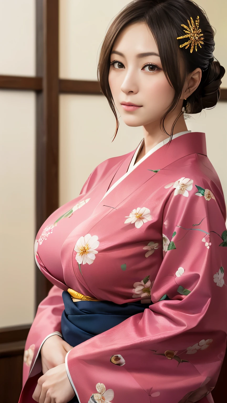 4K, Realistic,Very detailed、Japanese hairstyle with a kanzashi (hair ornament)、Gorgeous Japanese clothing、(((Burstingly Big Breasts)))、((Tight abdomen))、Soft Theme,Age 25、smile、(((Yakuza wives)))、((Pistol))、(Expensive obi)、((Carp pattern))、((Delicate painting))，(Detailed RAW photos), (masterpiece:1.25), (Highest quality:1.6), (Ultra-high resolution:1.5), (Realistic:1.75), 8k resolution,:1.6),  Canon EOS R5, 50mm,Very detailedな,Cinema Lighting