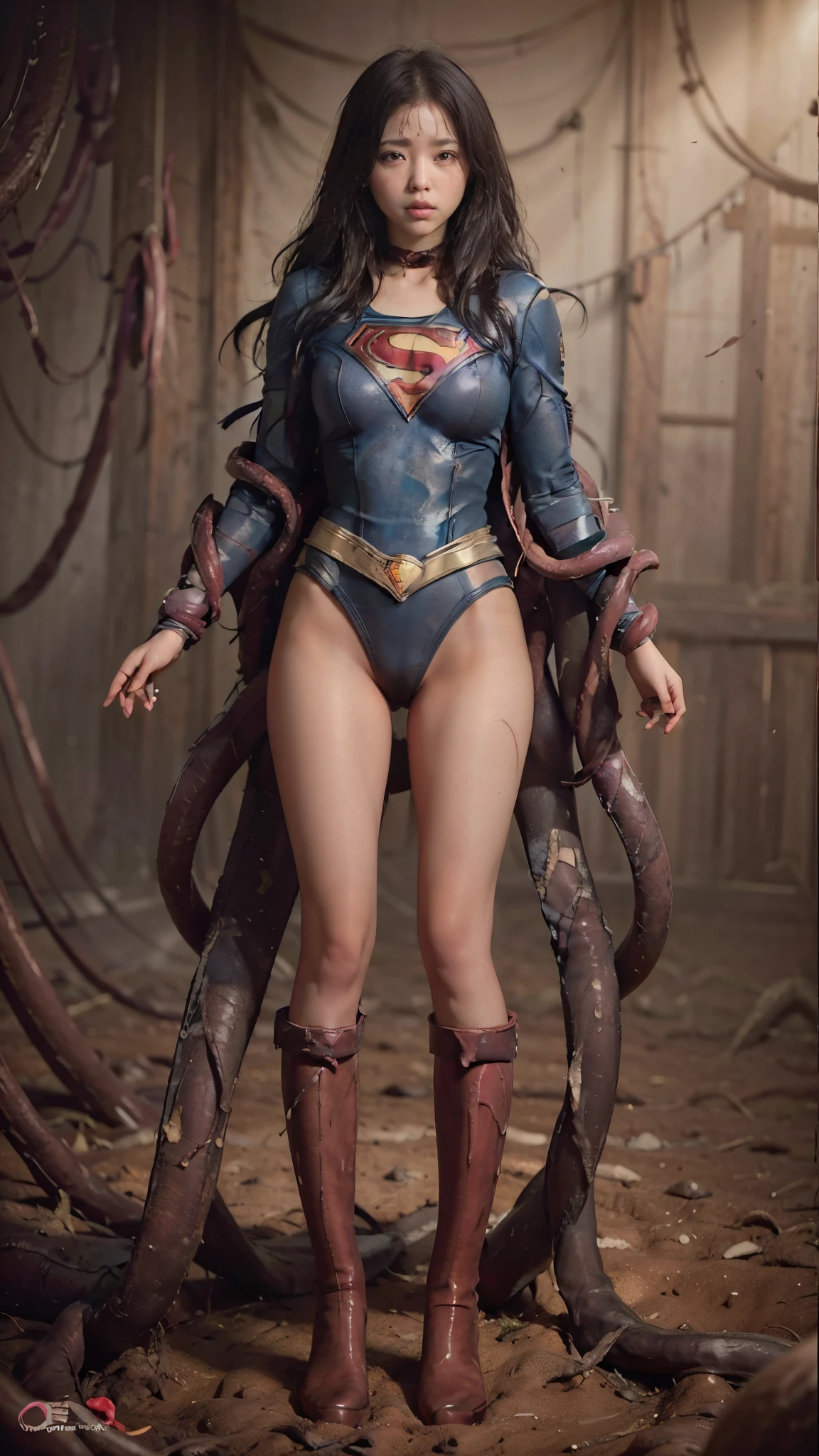 No background、Supergirl is attacked by tentacles、Tentacle nest、(thick tentacles wrap around the neck:1.3)、Arm gets swallowed by tentacle、(The tentacles swallowed both of her legs.、Spread it wide.:1.9)、Crying Supergirl、Eyes closed、(Insert the tentacles:1.6)、(((Beautiful legs in black tights.)))、(((Legally express your suffering beauty)))、((((Make the most of your original images)))、(((Supergirl Costume)))、(((Beautiful Hair)))、(((suffering)))、(((Please wear black tights....、Wear red boots)))、((Best image quality、8k))、((Highest quality、8k、masterpiece:1.3))、(((Preserve background )))、Sharp focus:1.2、Beautiful woman with perfect figure:1.4、Slim Abs:1.2、Wet body:1.5、Highly detailed face and skin texture、8k