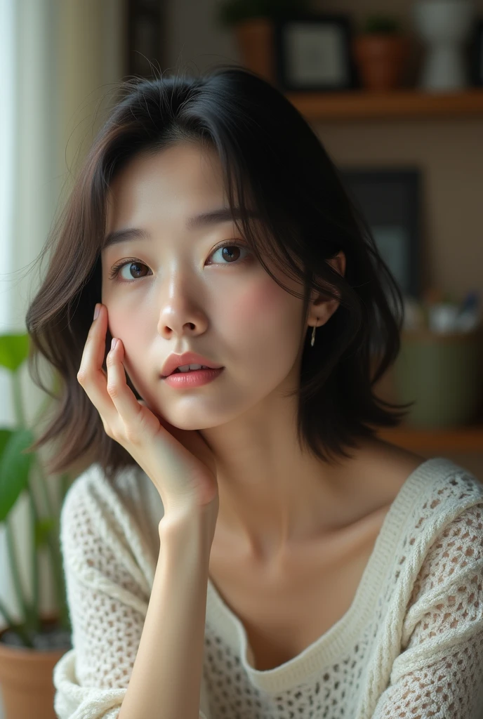 Japanese women、place:one&#39;s home、Selfie、 Fair skin、single eyelid、Year: 35、Moderate、