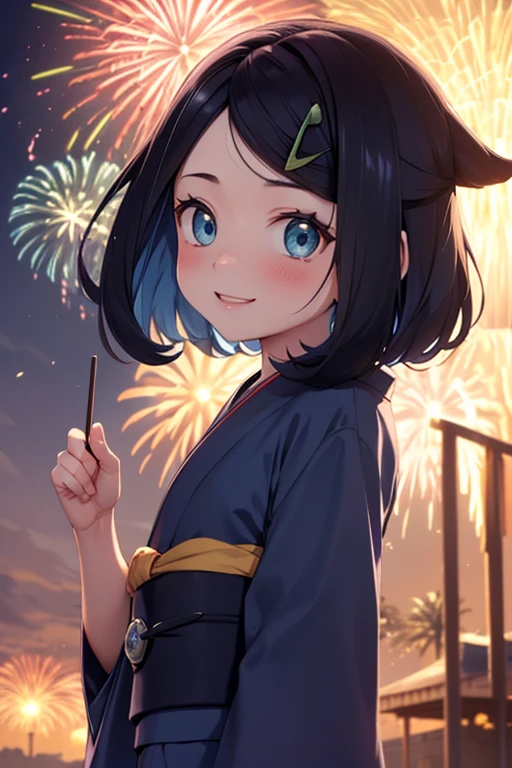 ((nsfw)), (masterpiece, Highest quality, 8K ultra-high resolution:1.4), ****, kawaii, Pokemon Riko, (A colorful navy blue yukata, Frills, night: 1.4), (Summer festival), ((turn around)), Beautiful Eyes,Flash photography, Backlight,  ((Close-up of face:1.4)), (The best smile of my lover:1.4), ((((Smile brightly)))), (Show your palm to the camera), (Beckon), Written boundary depth, Dramatic portrayal, (Colorful fireworks background), Focus of the film, , Emotional composition, Emotional engine full throttle BREAK Young and cute, Slender body, Flat Chest, Highly detailed glossy skin,Sweat,  完璧なPokemon Riko
, Wind, detailed in the Wind, petals dancing in the Wind
BREAK
ultra detailed crystal eyes, Eyes like shining jewels