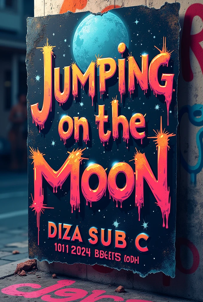 a flyer poster on a street that says Diza x Sub c 10/11/2024 which will be the concert that will change the lives of these two artists forever The concept of the concert is jumping on the moon is a trap concert will take place in the city of Bogota Colombia I do not want faces of the artists I want the concept jumping on the moon in the flayer the 2 artists are men I want a flayer more travis scott it is a trap concert more rock and in Spanish the flayer jumping on the moon a more rock flayer is a concert in Spanish jumping on the moon concert flayer concert flayer with the date Diza x Sub c 10/11/2024 very rock