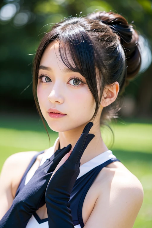 A girl wearing a school swimsuit and opera gloves is looking at us with her eyes looking up.。Hair color is black。Hairstyle: Ponytail。