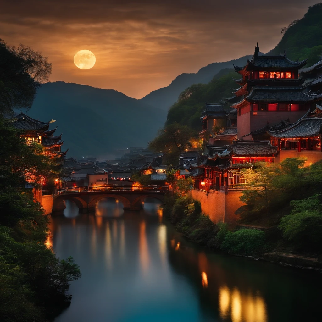 Chinese village at night, with Japanese castle in the center, with central river