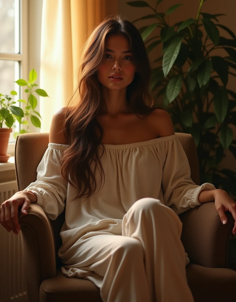 (photorealism:1.2), beautiful woman, brown hairstyle, perfct hands, sad face, in a dark room, sitting on a old and broken chair, wearing loose off-shoulder top, pajama pants, long hair, indoors, soft lighting, plants in background, window with very soft sunlight, cozy room, relaxed pose, realistic, intricate details, warm colors