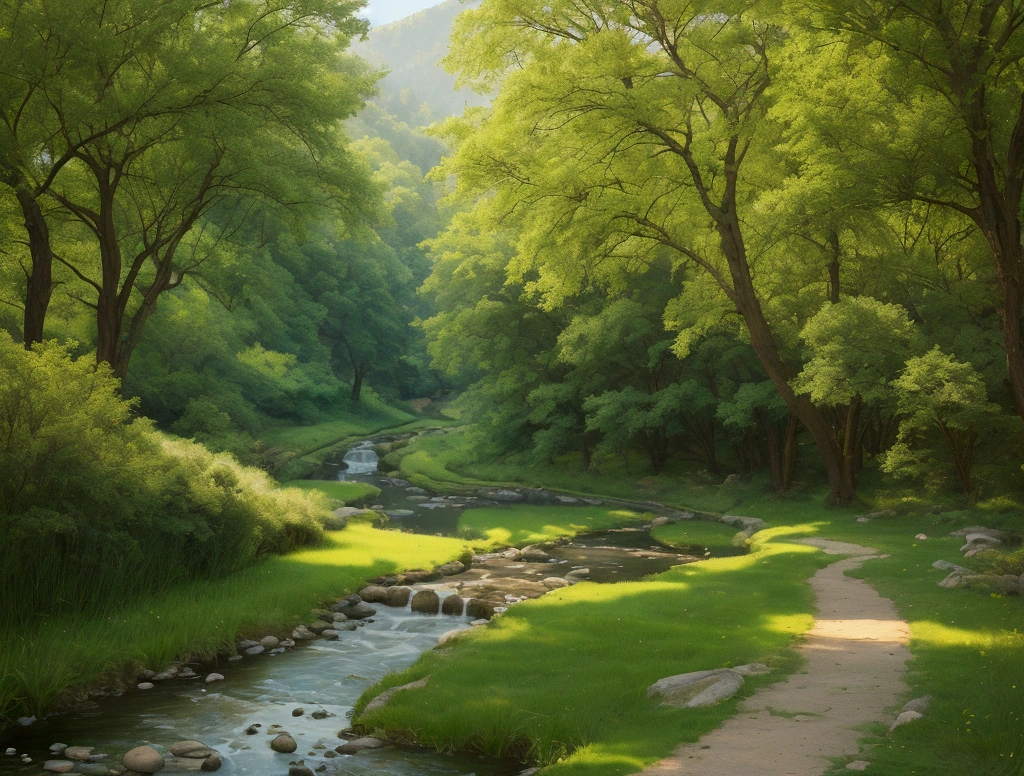 Create a serene and symbolic image inspired by Psalm 23, capturing its themes of guidance, protection, and peace. Visualize a peaceful landscape with lush green pastures, still waters, and a path leading through the scene, representing the 'valley of the shadow of death.' Depict a shepherd figure, symbolizing divine guidance, gently leading sheep along the path, with a staff and rod as symbols of comfort and protection. Soft, warm light should emanate from the horizon, suggesting the presence of divine care and the promise of safety. The overall atmosphere should convey a deep sense of tranquility, reassurance, and the unshakable trust in divine providence, as expressed in Psalm 23.