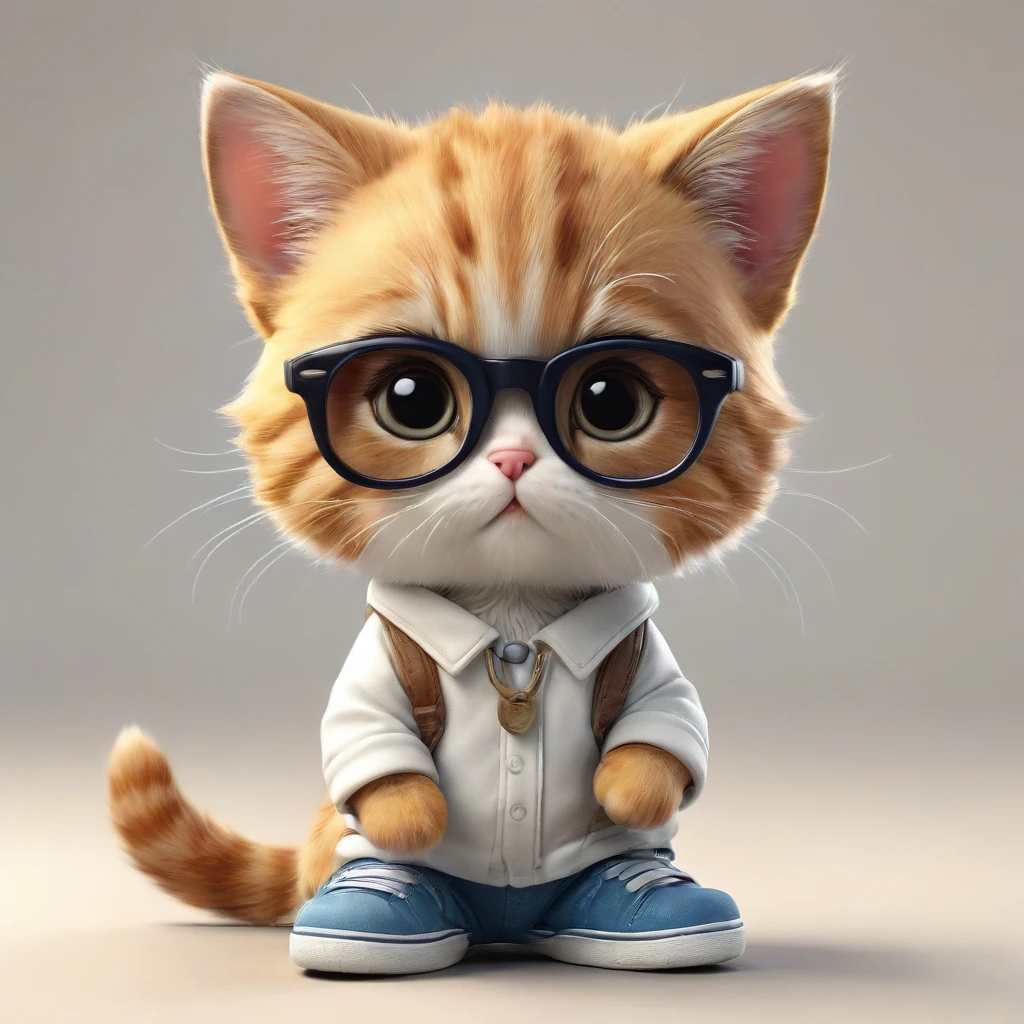 Highest quality,animal,cute,No humans,kitten,Stand on two legs，Hands at your side，brown，Wearing trainers,Wearing glasses