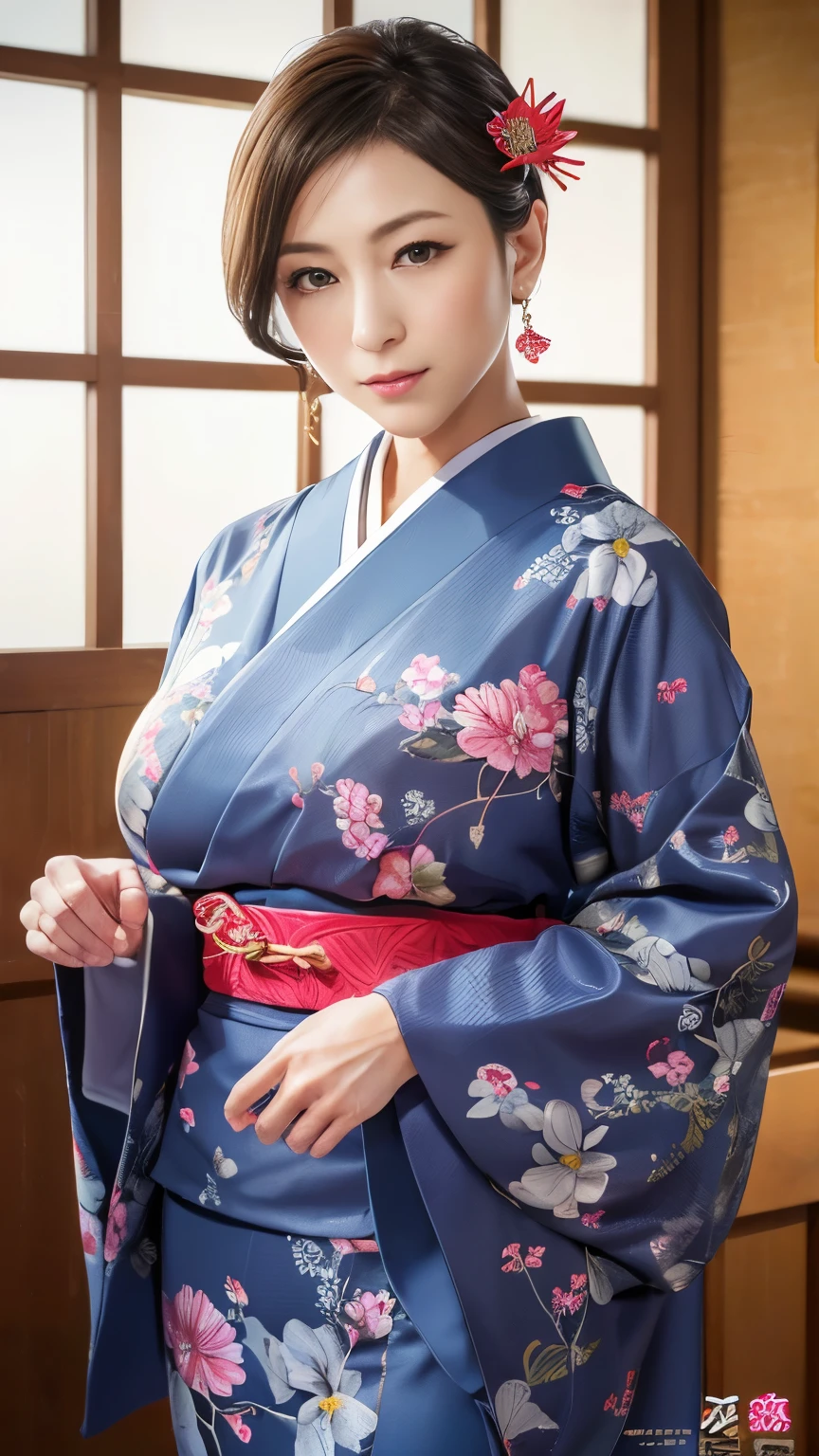4K, Realistic,Very detailed、Japanese hairstyle with a kanzashi (hair ornament)、Gorgeous Japanese clothing、(((Burstingly Big Breasts)))、((Tight abdomen))、Soft Theme,Age 25、smile、(((Yakuza wives)))、((Pistol))、(Expensive obi)、((Carp pattern))、((Delicate painting))，(Detailed RAW photos), (masterpiece:1.25), (Highest quality:1.6), (Ultra-high resolution:1.5), (Realistic:1.75), 8k resolution,:1.6),  Canon EOS R5, 50mm,Very detailedな,Cinema Lighting