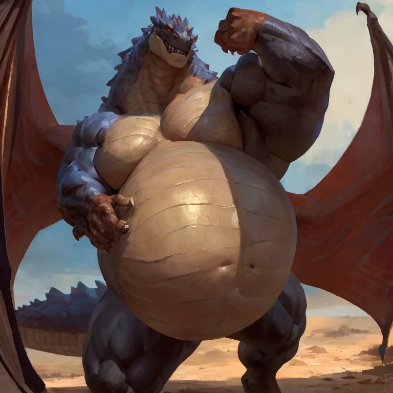 Detailed painting, by Taran Fiddler, dragoness, female, full body, feral, dainty, friendly, ready to give a hug to the viewer, colorful, rounded snout, wings, pregnant-like belly, round belly, dominant belly, huge belly, bloated belly, big muscles, wide body, thick body muscles, powerfull muscles, beefy muscles, thick neck, beefy neck, looking at viewer, tall, enormous, giant, gigantic, gargantuan, kaiju, powerfull look, badass look