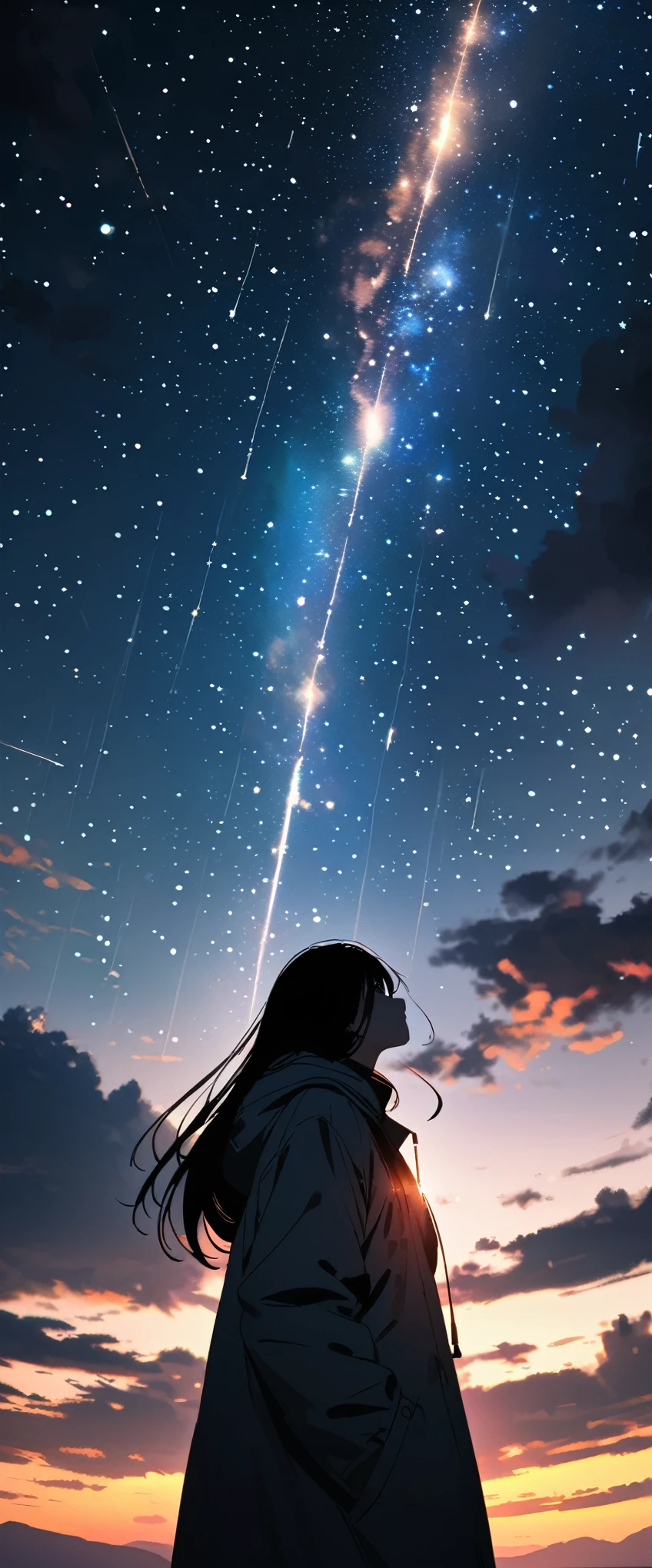 
Many stars twinkling in a beautiful bright winter night sky, long exposure starry sky with many circular orbits, silhouette of a young woman with long hair with her hands in her coat pockets looking up at it, photo taken from long distance, photo from below