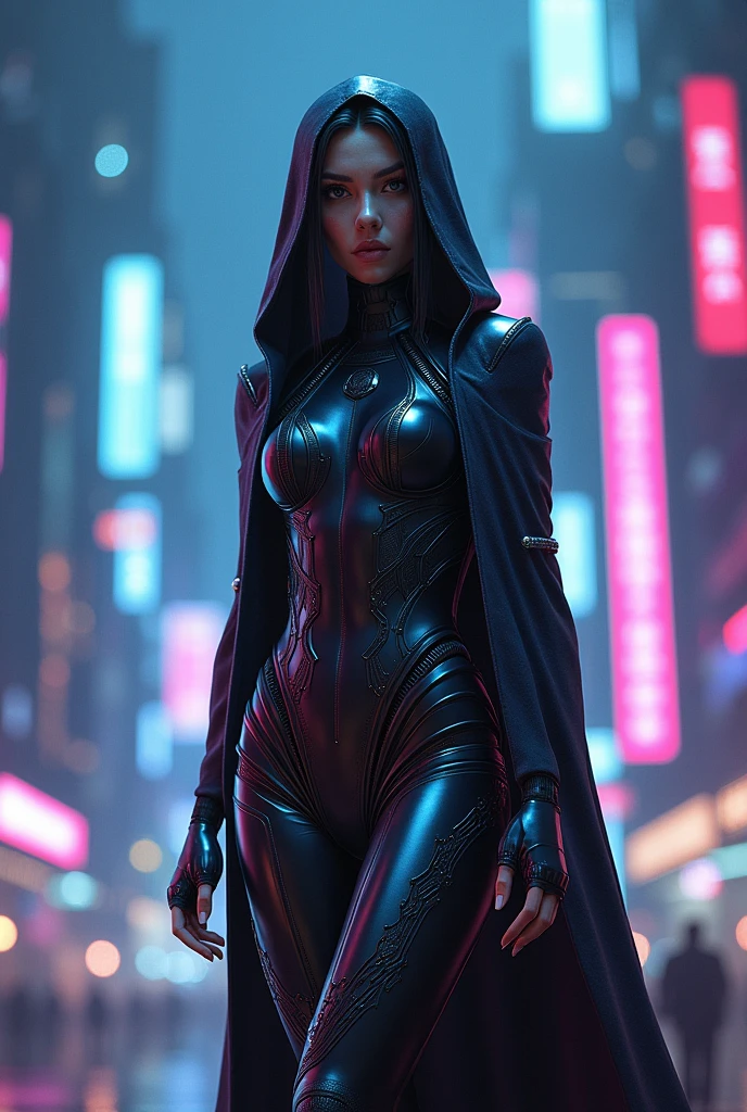 "statue format, medium shot on ARRI Alexa 35, A lone hooded figure using chaos magic, Discreet color grading, hyperrealistic pop, cyber punk, Chicago 2087
